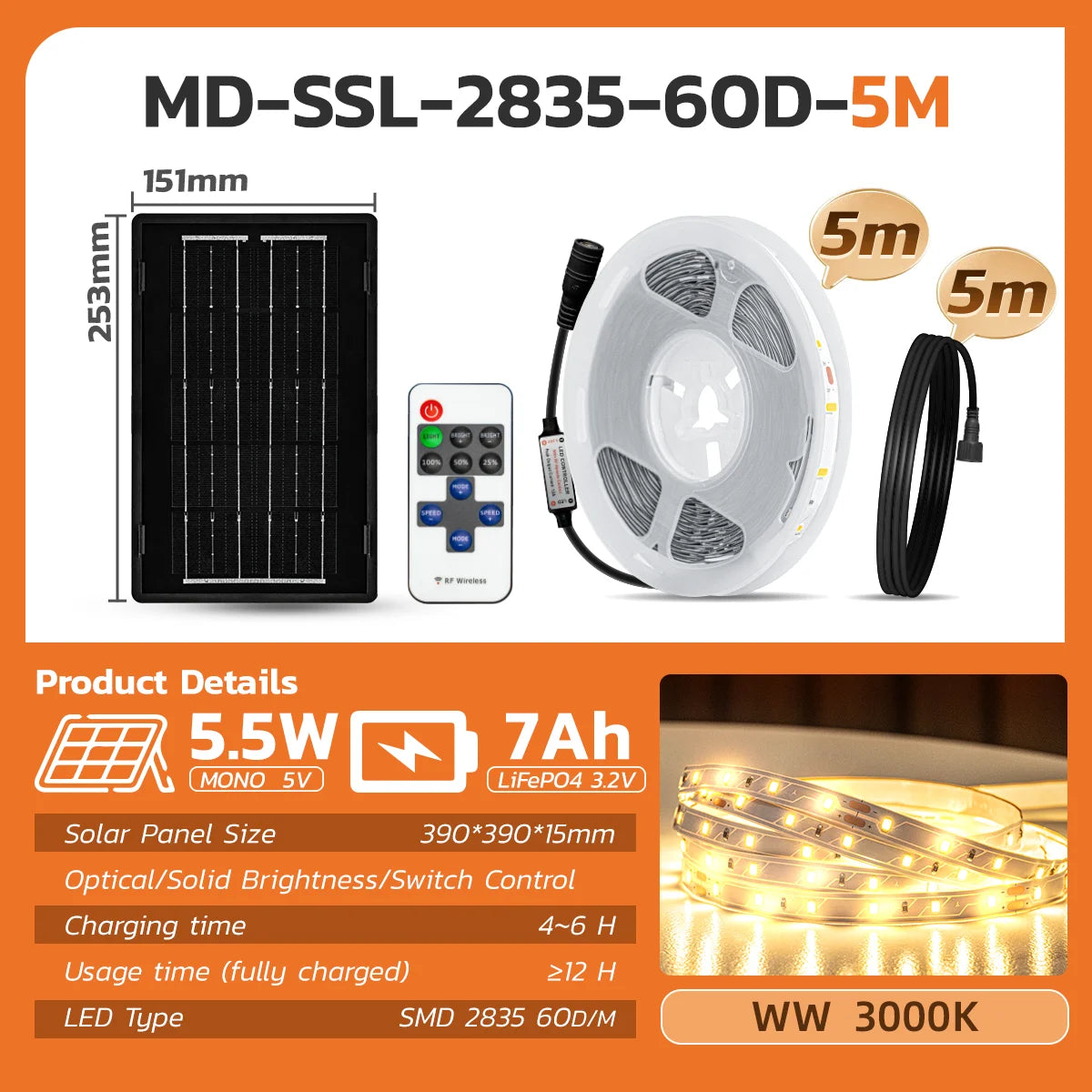 Solar LED strip light 2835 waterproof IP65 12V 5M/10M warm light 3000K  for indoor light, outdoor light, wall light decoration