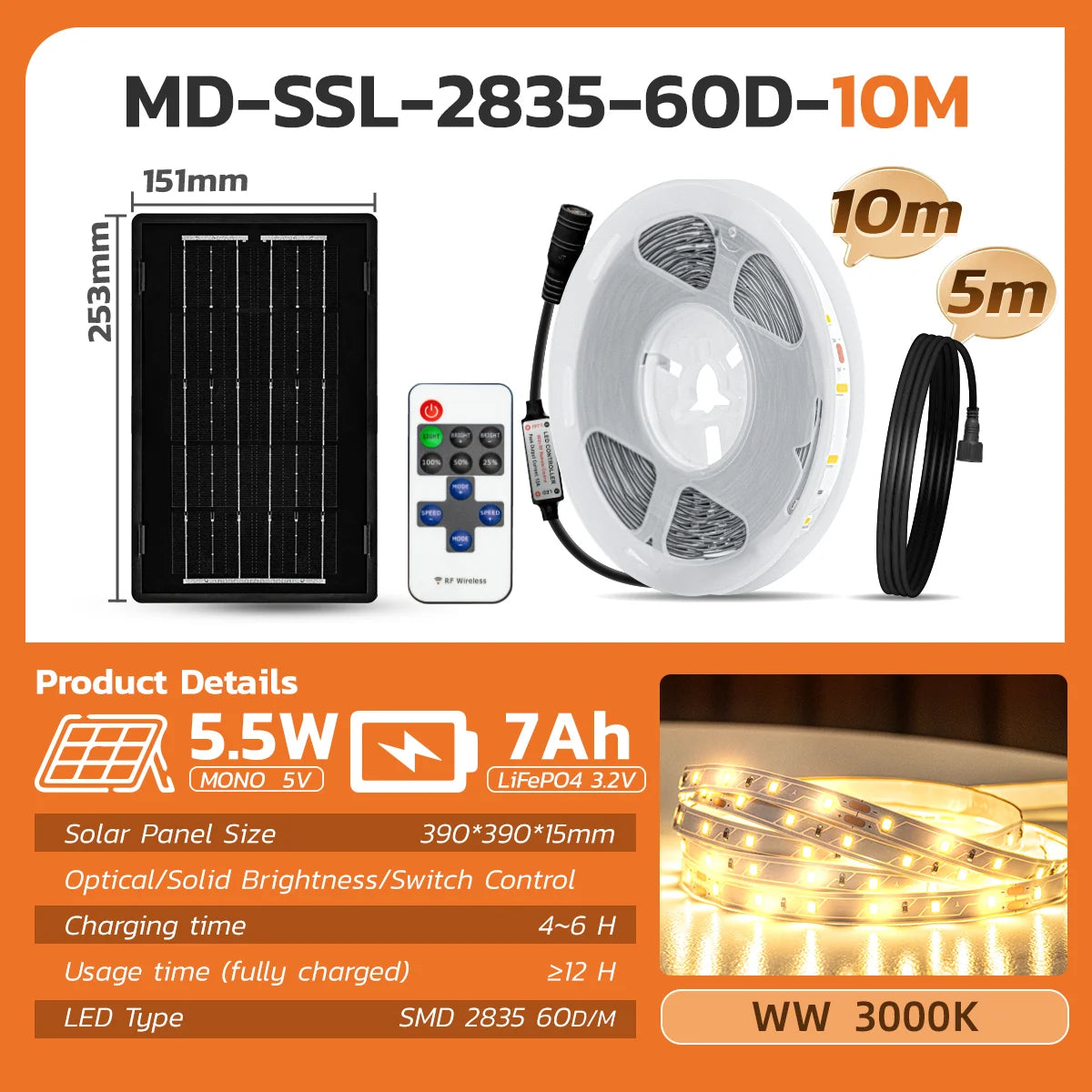 Solar LED strip light 2835 waterproof IP65 12V 5M/10M warm light 3000K  for indoor light, outdoor light, wall light decoration
