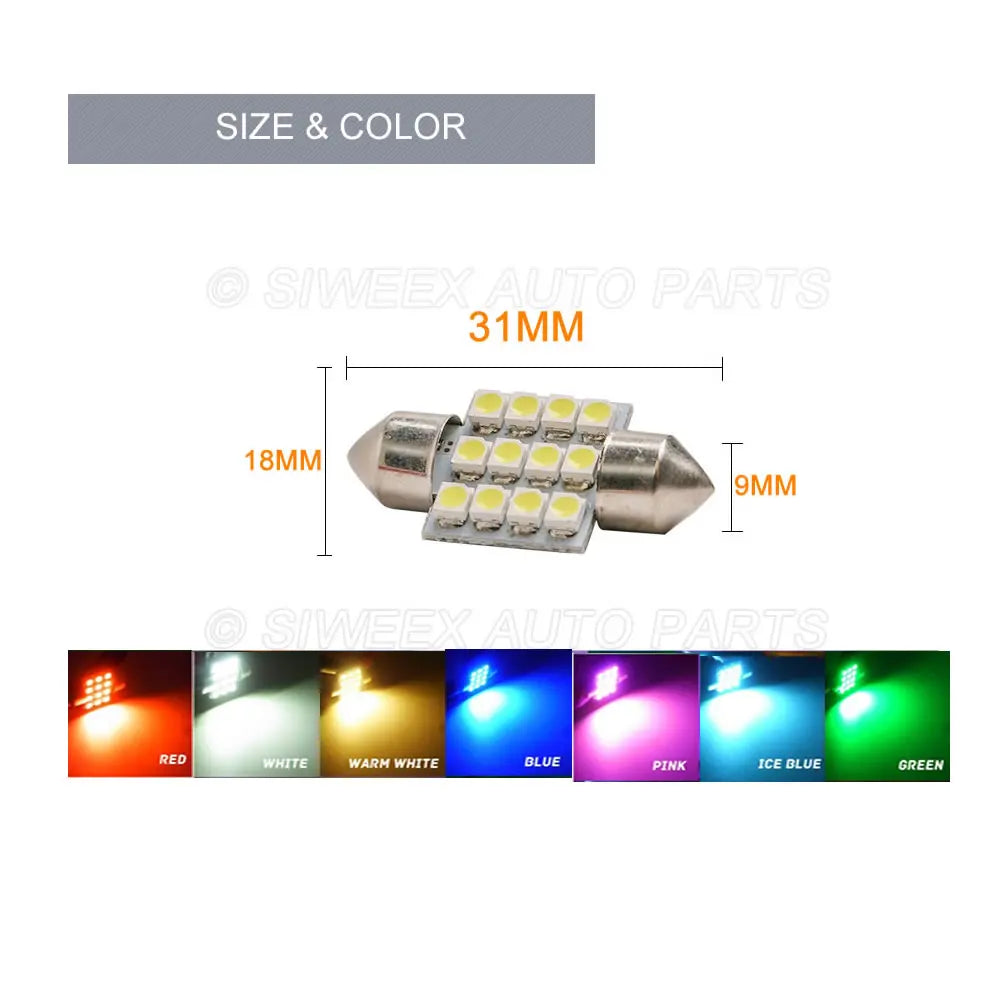 31MM Car Interior Lamps 12 SMD 3528 LED Auto Reading Map Door Dome Festoon Bulbs DC 12V Automobiles License Plate Lights 1 Pcs