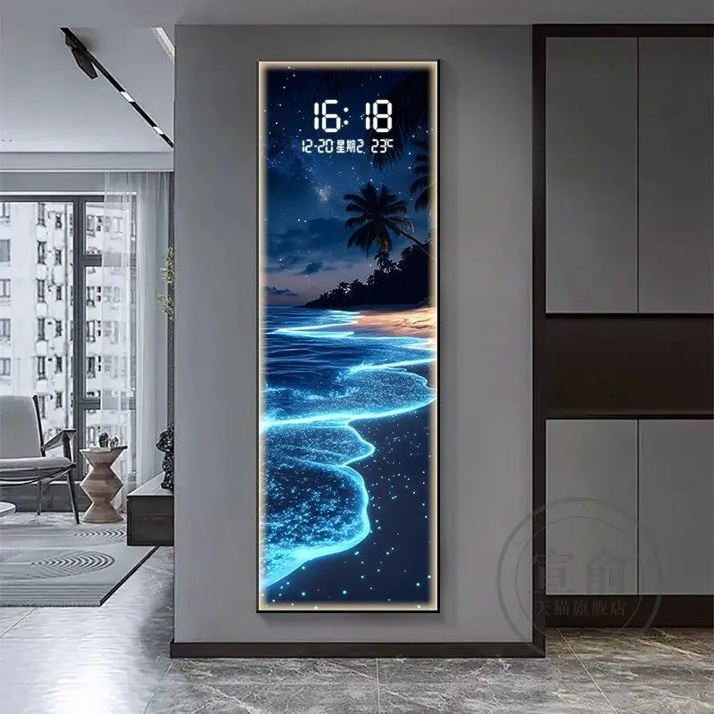 Modern Wave LED Electronic Clock Mural Light Living Room Entrance Corridor Study Hotel Plane Painting Home Decoration Wall Lamp