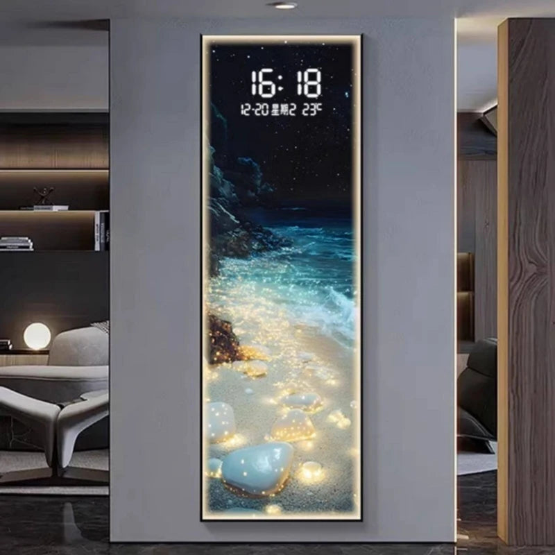 Modern Wave LED Electronic Clock Mural Light Living Room Entrance Corridor Study Hotel Plane Painting Home Decoration Wall Lamp