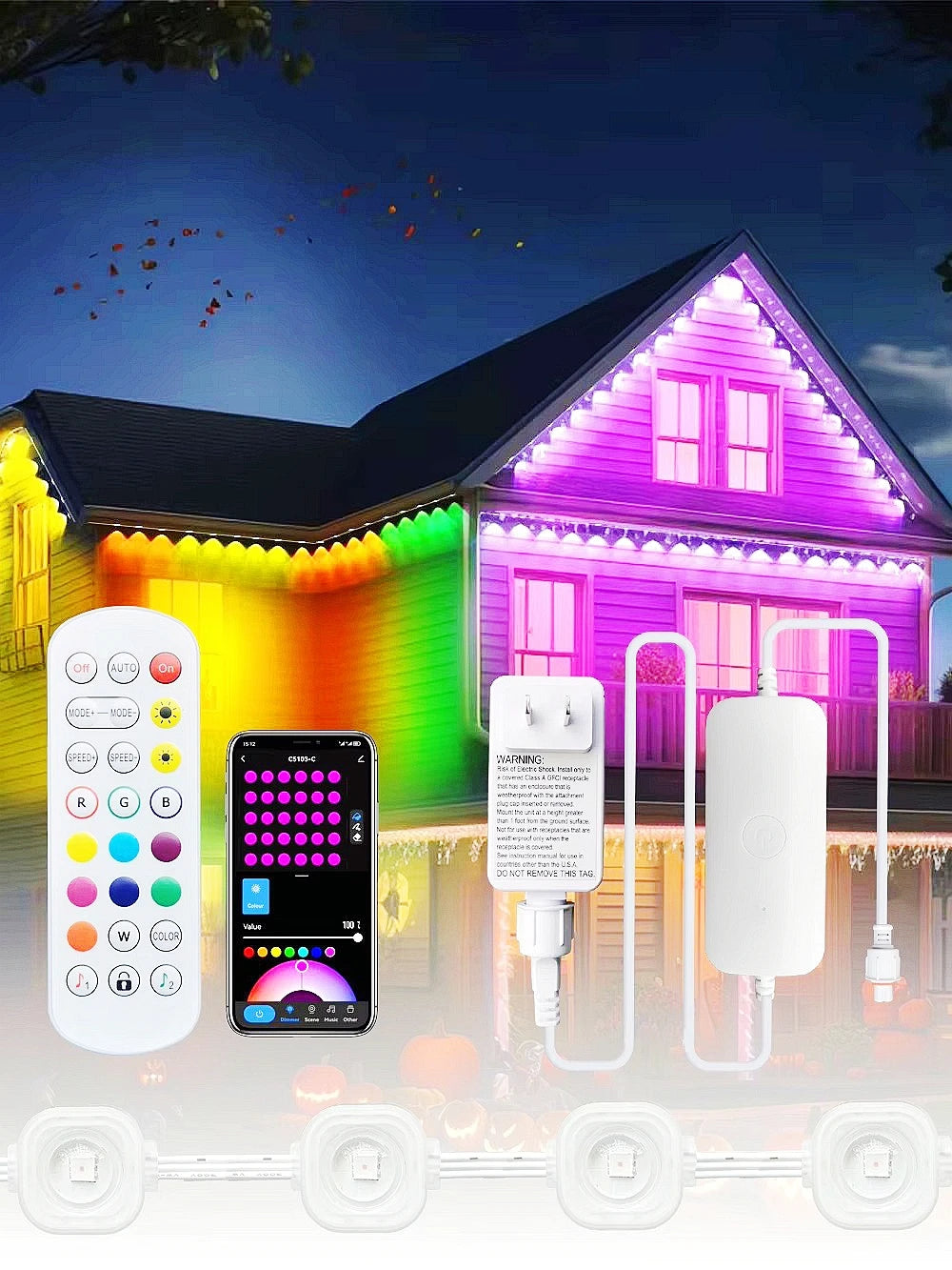 Outdoor Eaves LED Light String Waterproof Light Bar Decoration Permanent RGB WIFI Bluetooth Voice Control 15M Home Decoration
