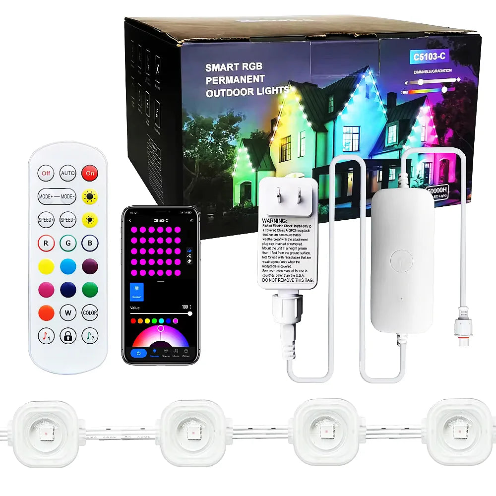 Outdoor Eaves LED Light String Waterproof Light Bar Decoration Permanent RGB WIFI Bluetooth Voice Control 15M Home Decoration