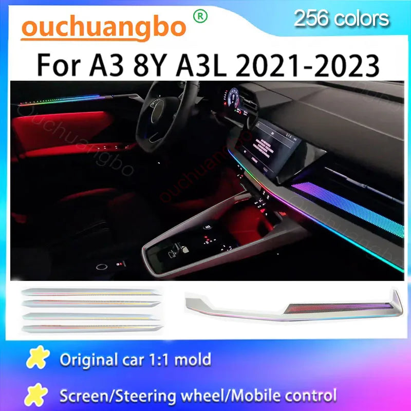 Ouchuangbo LED Ambient Light For A3 8Y RS3 A3L 2021-2024 Ambiance Lighting 256 Colors Atmosphere Lamp Backlight Kit Dynamic Trim