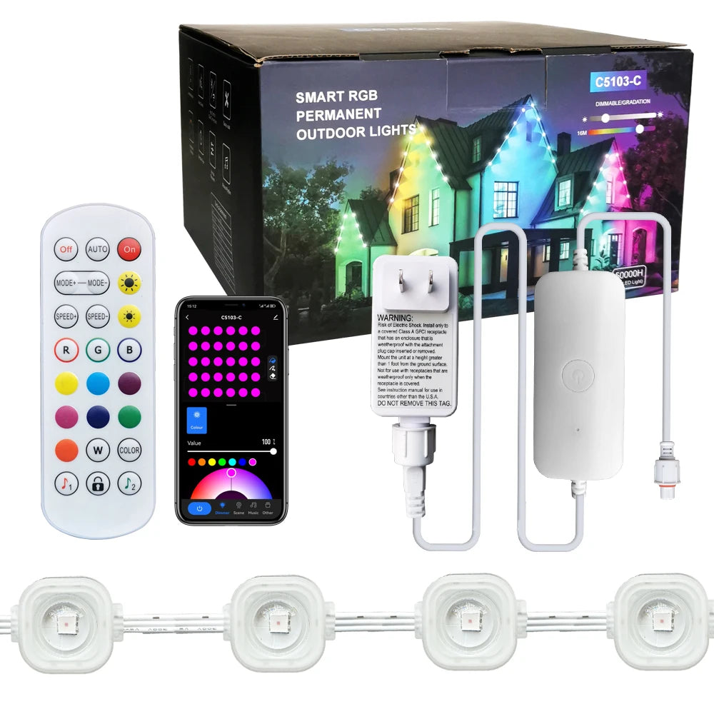Outdoor Eaves LED Light String Waterproof Light Bar Decoration Permanent RGB WIFI Bluetooth Voice Control 15M Home Decoration